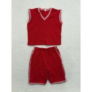 Vintage 2pc Set Boys Size 7-8 Retro Summer Beach Tank Shorts Stretch Nylon Red